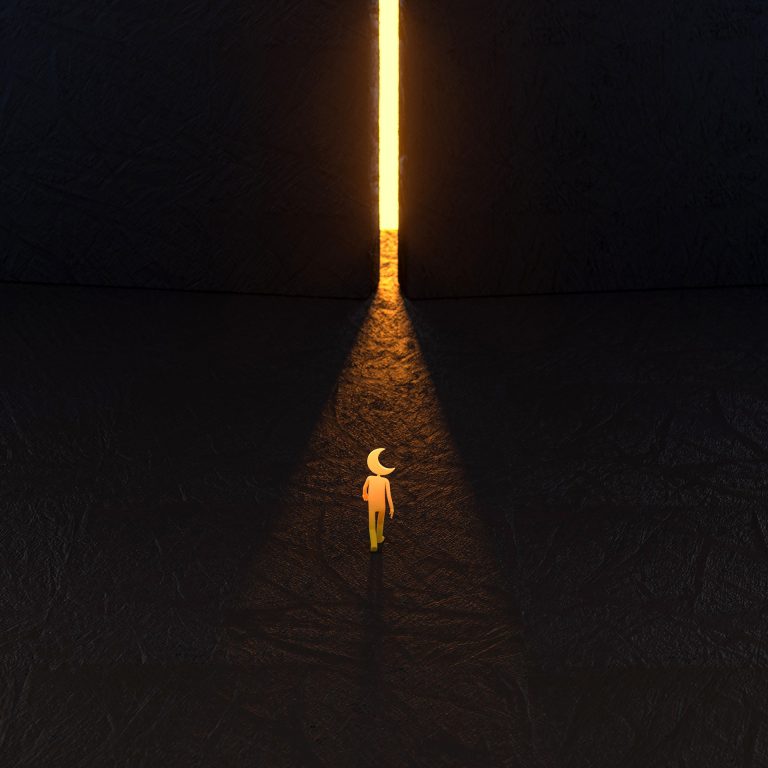 A man with a moon for a head walking toward a golden portal